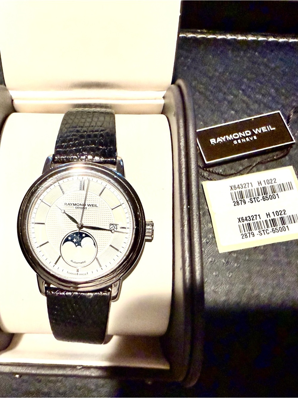 Raymond Weil Silver Dial Moonphase Watch with Black Leather Strap